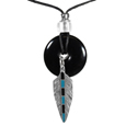 Feather Adjustable Cord Necklace with Onyx Colored Disc